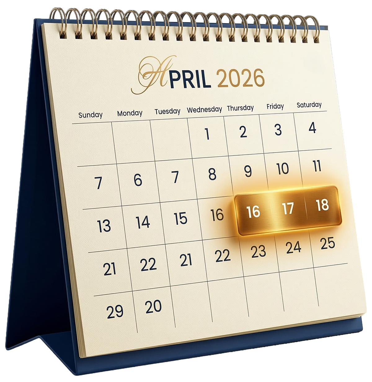 A desktop flip calendar for April 2026, with a gold highlight over the dates Thursday the 16th, Friday the 17th, and Saturday the 18th.