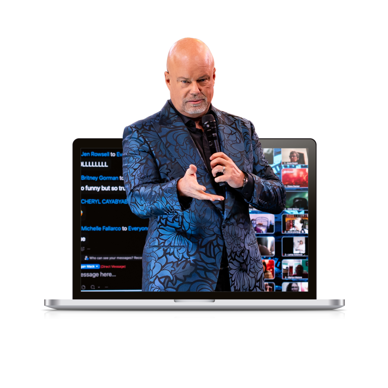 Eric Worre in a blue patterned suit jacket appears to step out of a laptop screen, which displays a live chat and a grid of virtual event attendees.