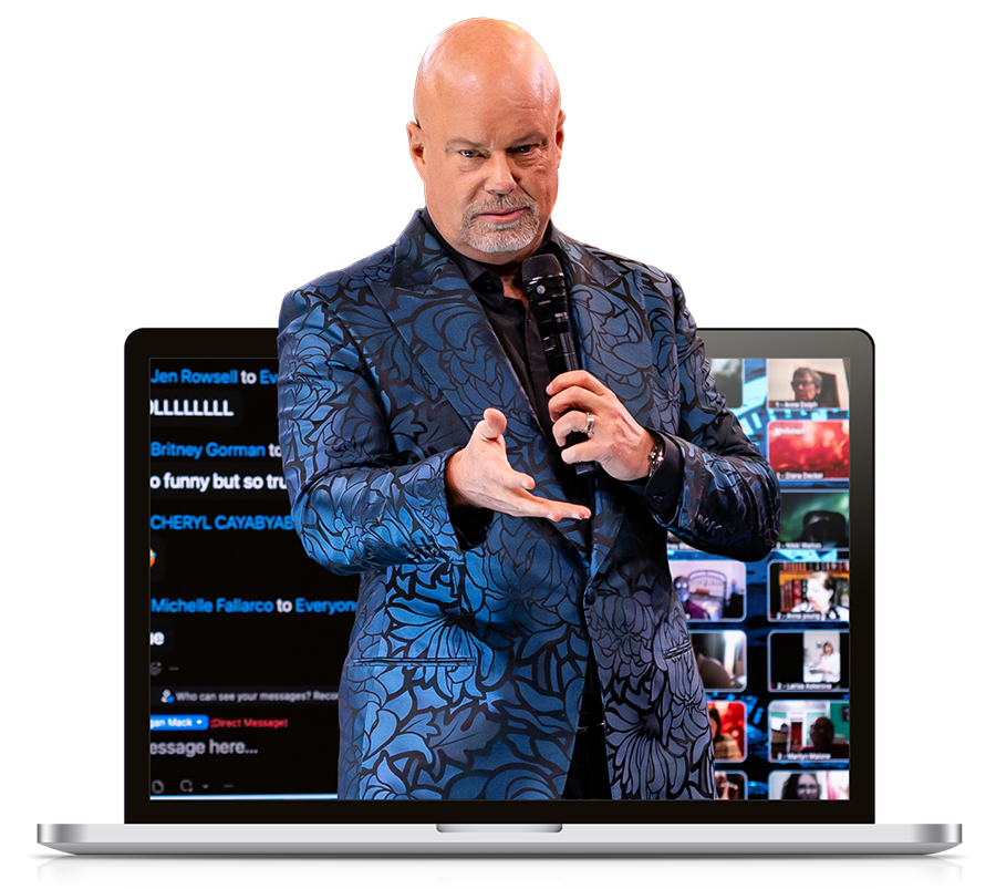 Eric Worre in a blue patterned suit jacket appears to step out of a laptop screen, which displays a live chat and a grid of virtual event attendees.