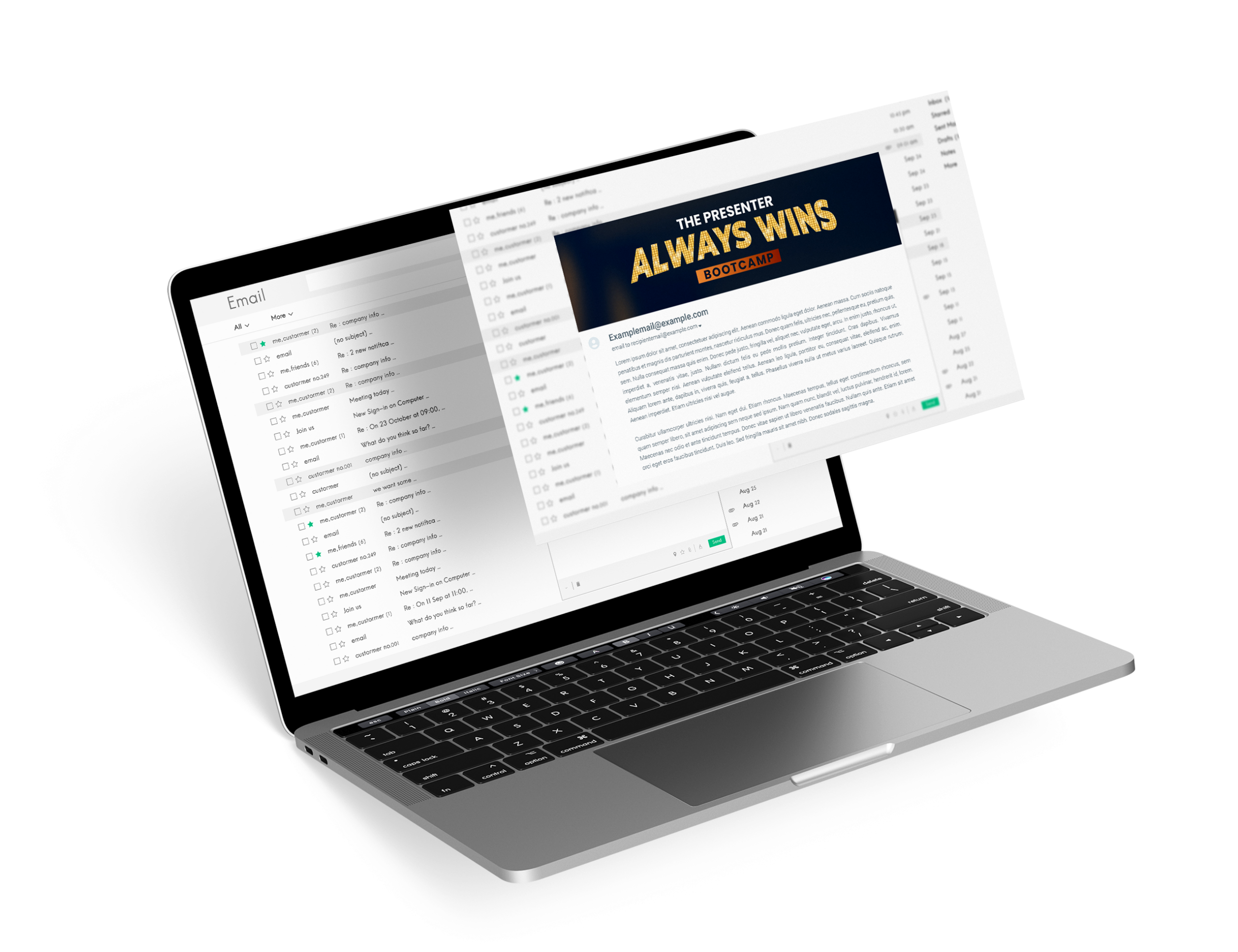 A silver laptop showing an email inbox with a promotional header for "The Presenter Always Wins Bootcamp."