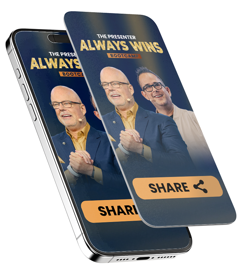 Two overlapping smartphones displaying a promotional screen for “The Presenter Always Wins Bootcamp” featuring two male speakers with headsets and a “Share” button at the bottom.
