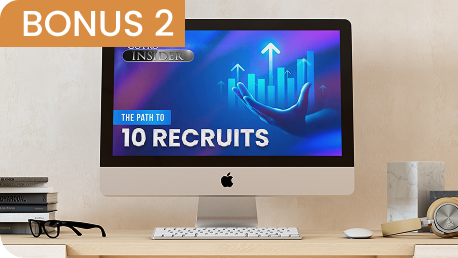 A desktop monitor on a wooden desk displaying a blue graphic titled "The Path to 10 Recruits" from GoPro Insider.
