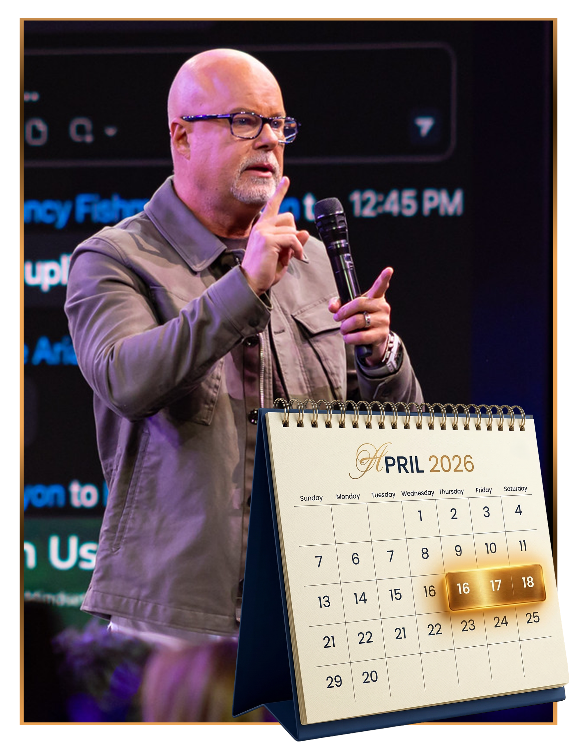 Eric Worre speaking into a microphone with an April 2026 calendar overlaid in the foreground, highlighting the dates Thursday the 16th through Saturday the 18th.
