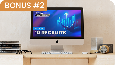 A desktop monitor on a wooden desk displaying a blue graphic titled "The Path to 10 Recruits" from GoPro Insider.